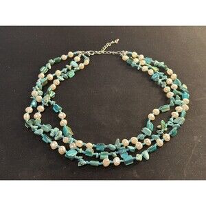 Vintage Triple Strand Turquoise Chip Shell Beads & Pearl Necklace